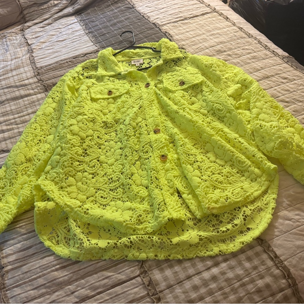 Neon Yellow Lace Button-Up Shirt